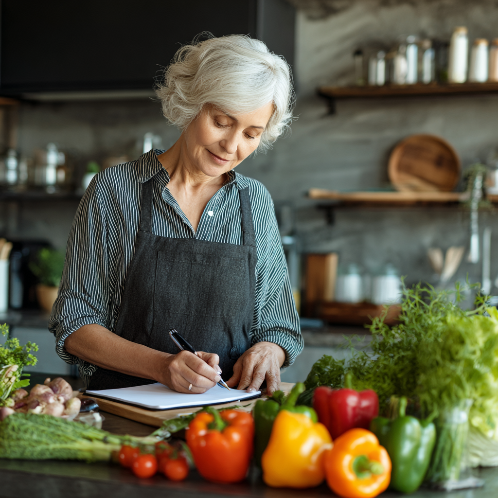 Mature woman preparing nutritious vegetables in modern kitchen with meal planning guide